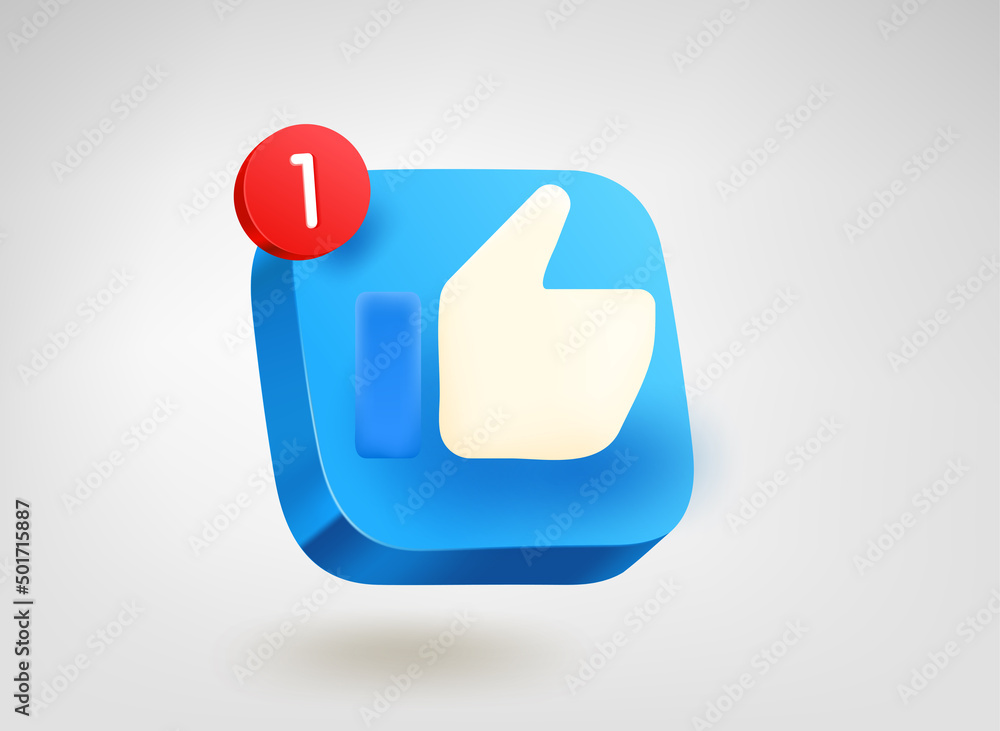 Poster Thumbs up. 3d vector mobile application icon with notification