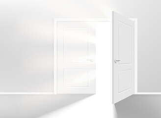 Illuminated white interior with opened door and shining. 3d vector illustration