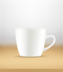 White coffee cup on a wood table. Vector 3d illustration