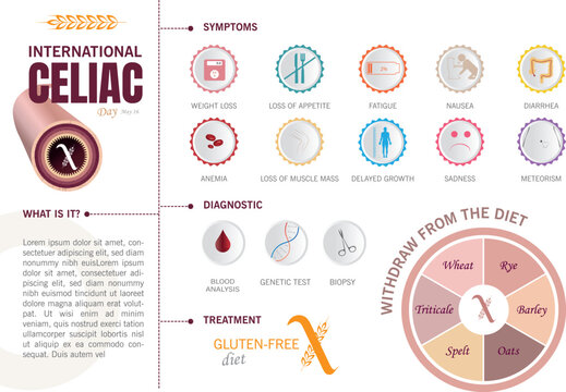 ..Infographics of celiac disease, symptoms, how it is diagnosed and treatment.