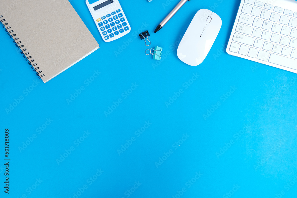 Poster top view of creative designer working desk with blank screen tablet, coffee cup and glasses on backg