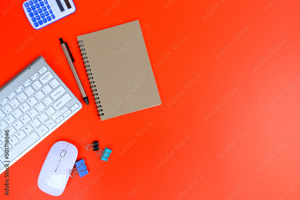Poster office desk with computer, pencil, spectacles, and a notebook a cup of coffee on a desk background, 