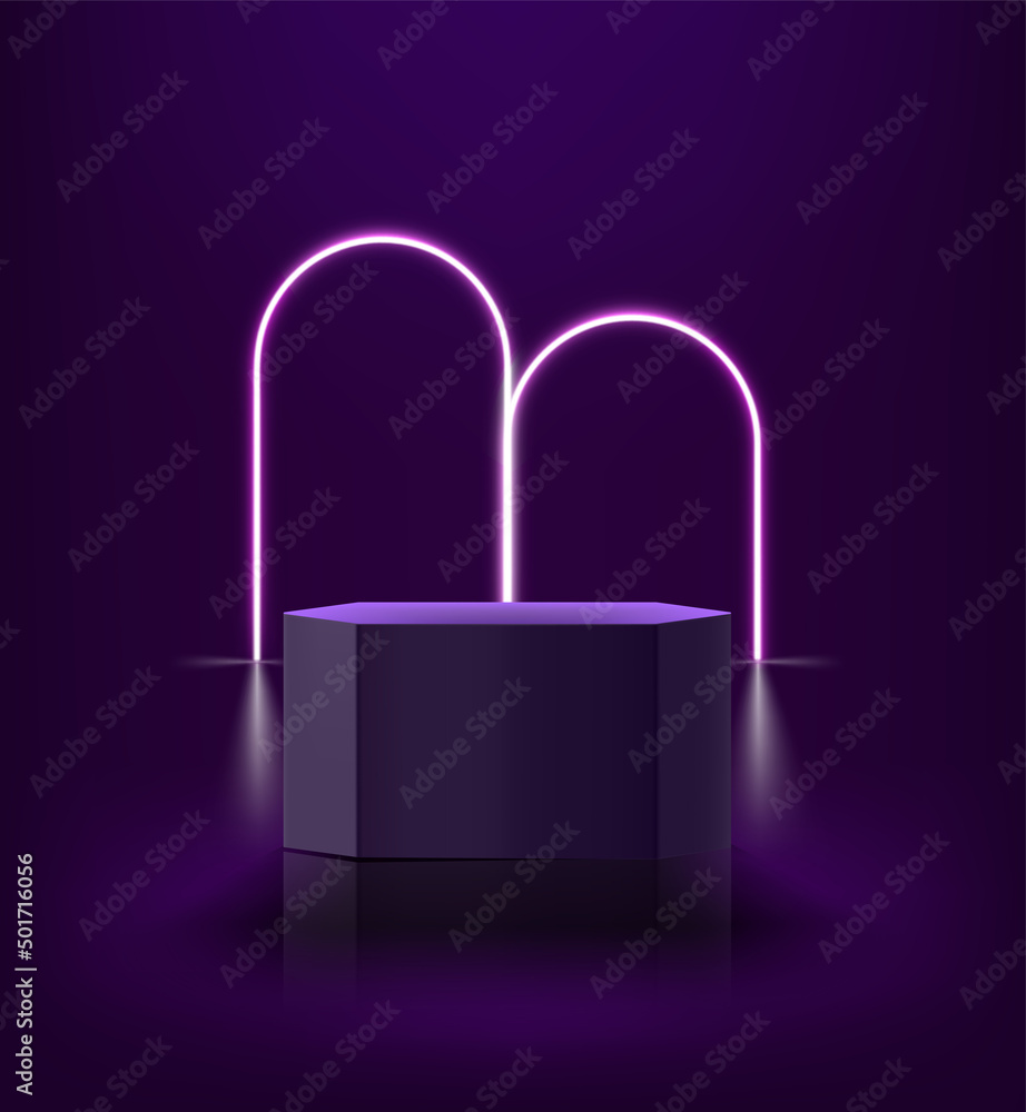 Poster Dark room with neon light and podium. 3d vector showcase for display products