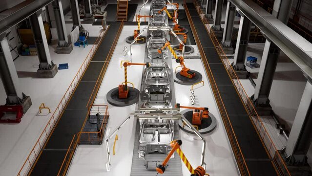 Car plants factory 3D Concept: Automated Robot Arm Assembly Line Manufacturing High-Tech Vehicles. Production Conveyor. Render 4K.
