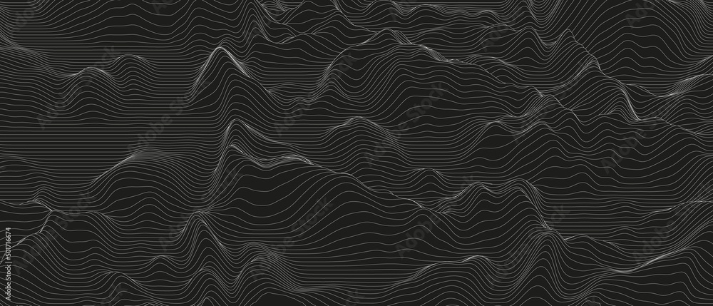 Poster abstract background with distorted line shapes on a black background. monochrome sound line waves.