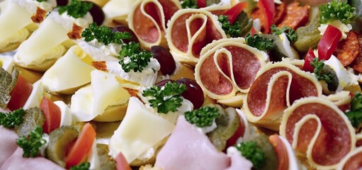 Different kind of fresh canapes. Canapes with salami and canapes with cheese. Assorted canapes on serving tray.
