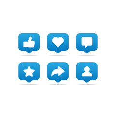 Blue Social network media vector icons. Social media activities notification symbol. Like, comment, share icon. Vector illustration EPS 10