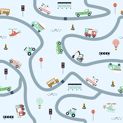 Cartoon map of the city cars. Baby toy cars. Kids design nursery. Wall art. Game play. Toy transport seamless pattern. Cute childish print in Scandinavian style. City highway with vehicles.