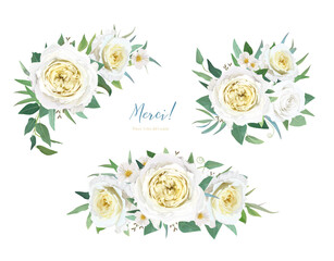 Vector floral bouquet. Tender yellow, ivory white garden roses, lovely camellia flowers, green seeded eucalyptus branches, leaves. Editable botanical watercolor style illustration. Wedding element set