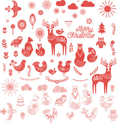 Silhouettes of animals and birds. Scandinavian style. Design for stamps, tags, postcards.
