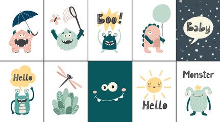 Obraz premium Monster print with slogan. Cartoon character design for fashion fabrics, textile graphics, prints