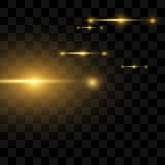Set of flashes, Lights, Sparkles on transparent background. Bright gold glares. Abstract golden lights isolated. Yellow horizontal lens flares pack. Laser beams, horizontal light rays, lines. Vector