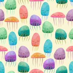 Seamless watercolor jellyfish pattern. Repeated sea life texture. 