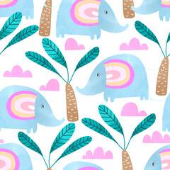 Seamless watercolor cute elephant and palm tree pattern. Repeated tropical animal texture