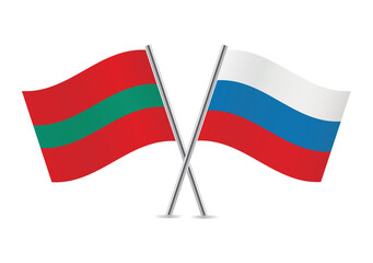 Transnistria and Russia crossed flags. The Pridnestrovian Moldavian Republic and Russian flags on white background. Vector icon set. Vector illustration.