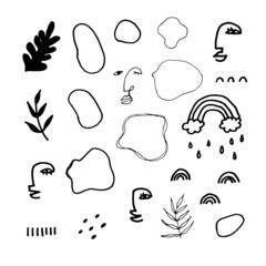 Various sketchy doodle hapes and objects. Freehand black hearts, curves, dots, spiral, boho rainbows. Grunge style. Hand drawn abstract vector set.