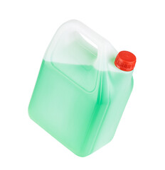 winter screen wash liquid can isolated on white background. green antifreeze bottle cut out