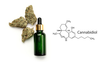 CBD oil with molecular structure medical chemistry formula Cannabidiol. Medicinal cannabis extract...