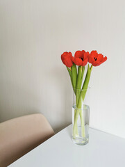 Red spring tulips on a white table on a wicker placemat. Minimalist composition with flowers.