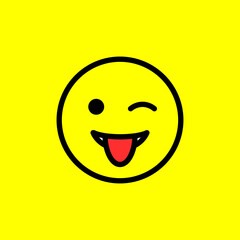Emotion winks and sticks out tongue. Winks Emoji with tongue isolated on yellow background. Vector illustration EPS 10