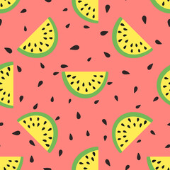 Watermelon slice seamless pattern. Summer fruit and berry background. Vector illustration for fabric design, gift paper, baby clothes, textiles, cards.