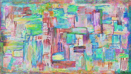 Fototapeta na wymiar Digital iridescent artwork, abstract paint strokes, oil painting on canvas. Acrylic art, artistic texture. Brush daubs and smears grungy background pattern