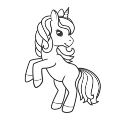 Cute unicorn isolated on white background. Coloring book page. Vector illustration