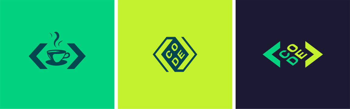 Set of three vector logos, programming languages, coding encyclopedia, programming book, java script language. Vector illustration