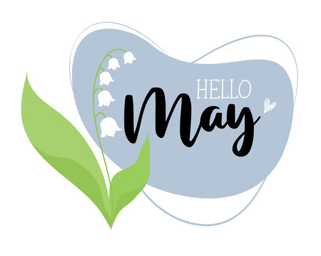 Spring greeting card Hello May. Beautiful May lily of valley with leaves. Vector illustration. Horizontal poster for design, postcards, decor and decoration, print
