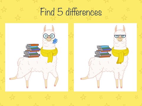 Find 5 differences and color - children educational game with cute llamas. Vector illustration