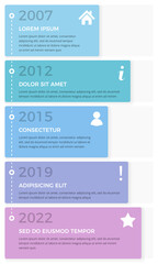 Vertical timeline infographics with five elements with icons and text