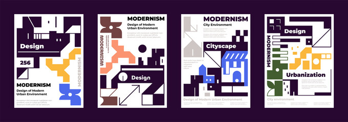 Set of futuristic posters in modern abstract style brutalism, architectural landscape, urban environment, urbanization, building design and construction. Vector illustration