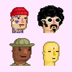 Pixel art characters tattoo punk, retro guy, scout, monk. NFT avatars concept vector illustration.