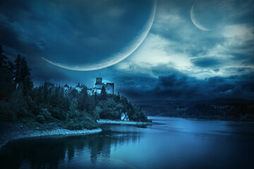 fantastic landscape with a castle on a hill by the lake. Cloudy night with fantastic planets....