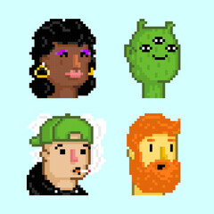 Pixel art characters pretty woman, alien, skater boy, ginger beard guy. NFT avatars concept vector illustration.