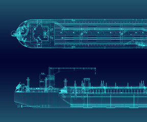 Hopper dredger scheme is in neon blue tones. 3d-rendering © La Nataly