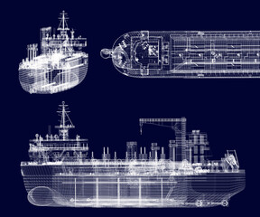 Hopper dredger scheme. White lines on a solid blue background. 3d-rendering