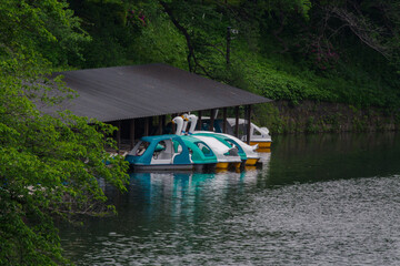 千鳥ヶ淵のボートハウスにスワンボートが止まっている