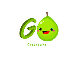 G for Guava Alphabet Vector illustration. Fruit and Vegetables Name Alphabet symbol. Kids Nursery isolated on white background, Clip Art, Cute, Cartoon ABC