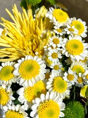 daisy Easter style spring bouquet in yellow and green and white background