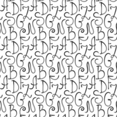 Hand drawn font seamless pattern. Black and white letters shapes, ink doodle line design, ABC alphabet cute illustration. Vector