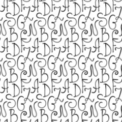 Obraz premium Hand drawn font seamless pattern. Black and white letters shapes, ink doodle line design, ABC alphabet cute illustration. Vector