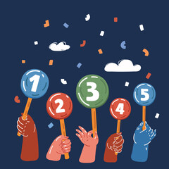 Cartoon vector illustration of Collection of hands holding round cards or signs with amount of scores got in competition, tournament or contest. Votes of judges. From one to five