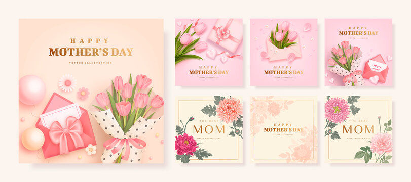 Set of Mother's day poster, banner or greeting card with realistic envelope, gift box and tulips and hand drawn flowers isolated on background