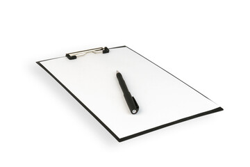 black clipboard with blank sheet and pen isolated on white