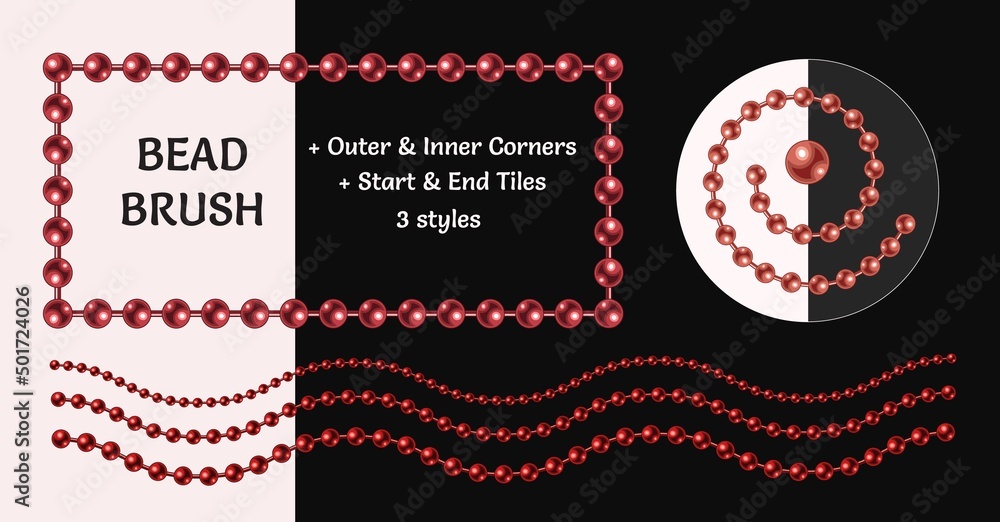 Poster pattern brush with bright red beads. brush with corners, end and start tiles. 3 styles of strings of