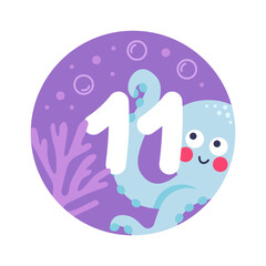 11 Months Baby Milestones Card with Cute Octopus. Vector illustration