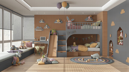 Modern wooden children bedroom with bunk bed in gray and pastel tones, parquet floor, big window with sofa, desk with chair, wardrobe, carpet, toys and decors. Interior design