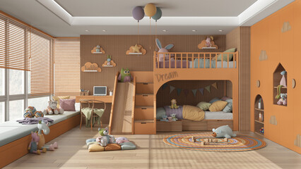 Modern wooden children bedroom with bunk bed in orange and pastel tones, parquet floor, big window with sofa, desk with chair, wardrobe, carpet, toys and decors. Interior design