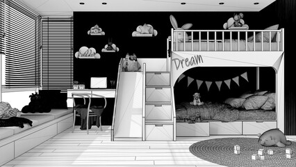 Unfinished project draft, cozy children bedroom with bunk bed, parquet floor, big window with venetian blinds, sofa, desk with chair, carpet, toys and decors. Interior design concept